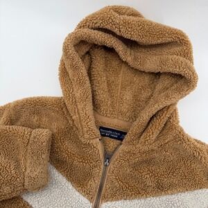 Abercrombie Fitch Soft A&F‎ Sherpa Zip Up Hoodie Jacket Womens XS Tan Chevron